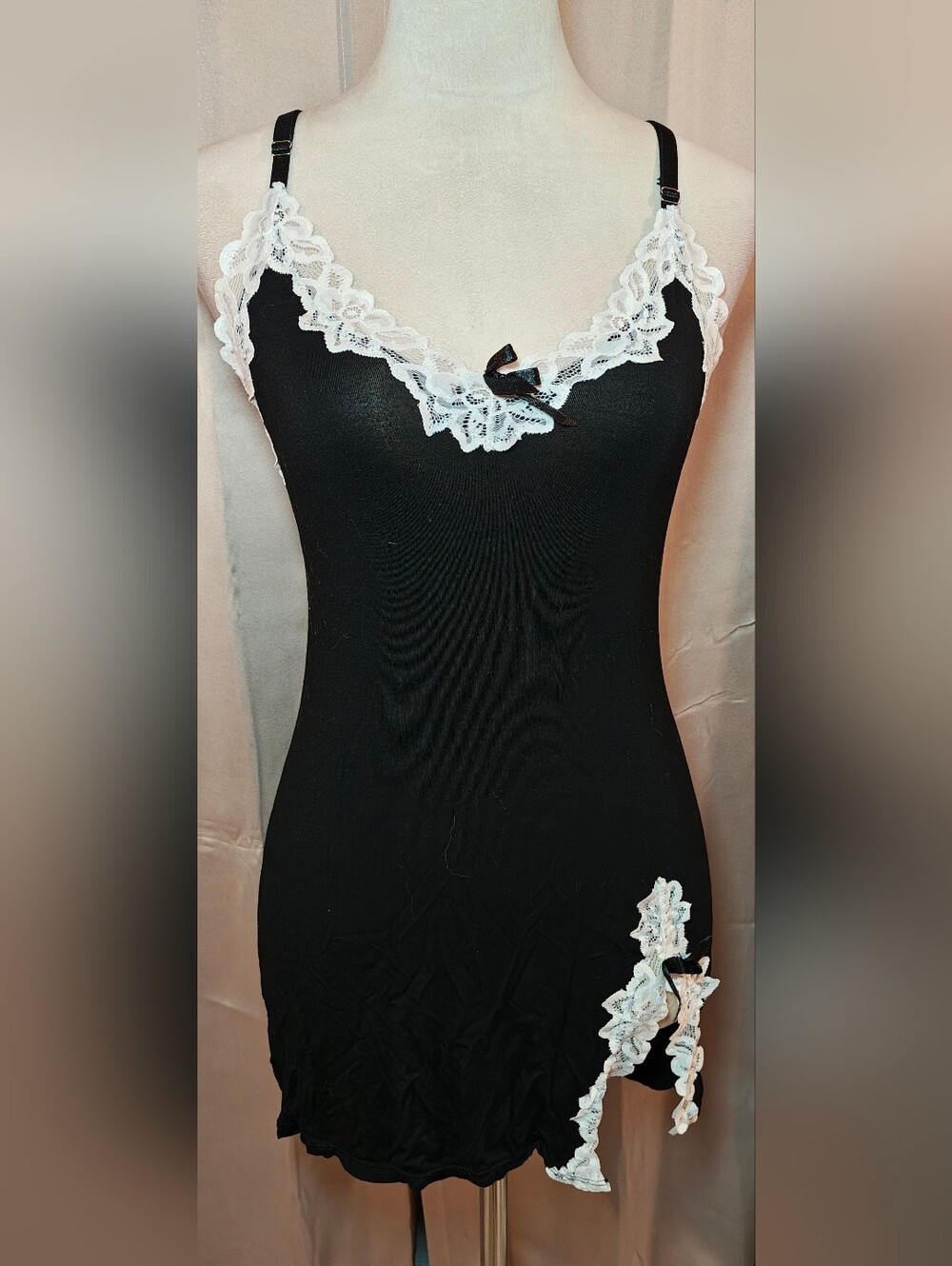 Y2K AvidLove Backless Side Slit Lace Trim Lingerie Babydoll Slip Dress.
